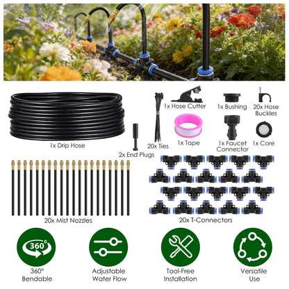 360° Bendable Drip Irrigation System with 49FT 5/8' Tubing Hose 5/16' Faucet Connector Automatic Watering Misting Kit for Garden Greenhouse Yard Lawn