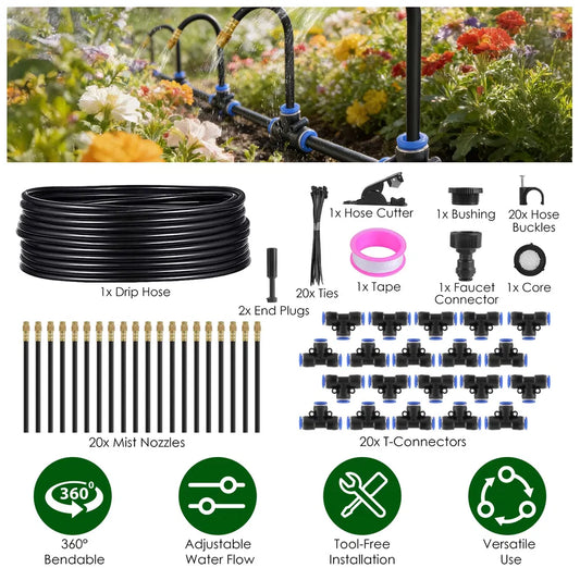 360° Bendable Drip Irrigation System with 49FT 5/8' Tubing Hose 5/16' Faucet Connector Automatic Watering Misting Kit for Garden Greenhouse Yard Lawn