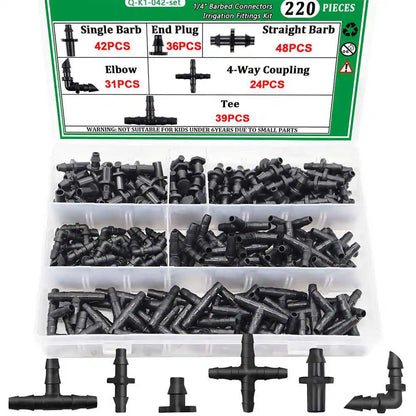 220-Pieces 1/4 In. Drip Irrigation Fittings Kit with Barbed Connectors, Straight, Tee, Elbow for Garden