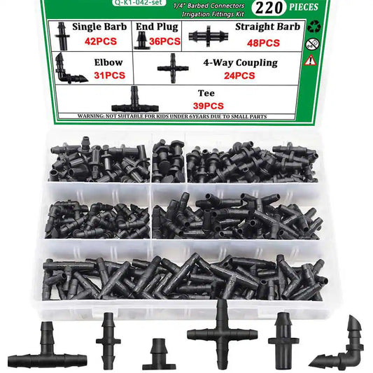 220-Pieces 1/4 In. Drip Irrigation Fittings Kit with Barbed Connectors, Straight, Tee, Elbow for Garden