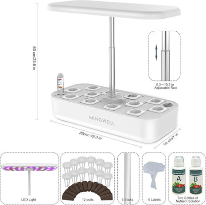 Hydroponics Growing System,  12 Pods Herb Growing Kit with LED Lights up to 19.4" Adjustable Height Automatic Timer Indoor Gardening Herb Faster Growing Planting Kit for Home Kitchen (White)