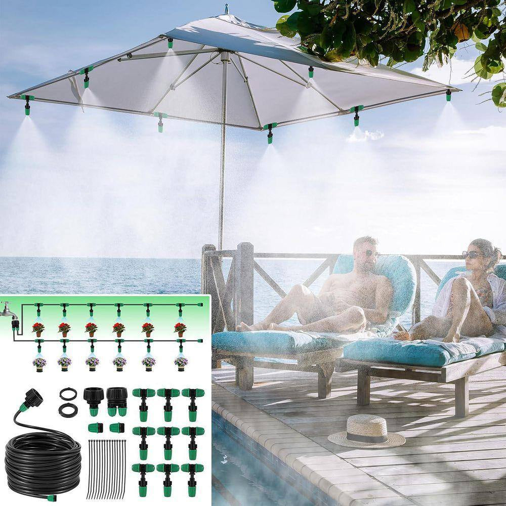 Automatic Misting Cooling System Adjustable Barbed Drip Irrigation Kit with 1/4 Inch Tubing for Patio Greenhouse Garden