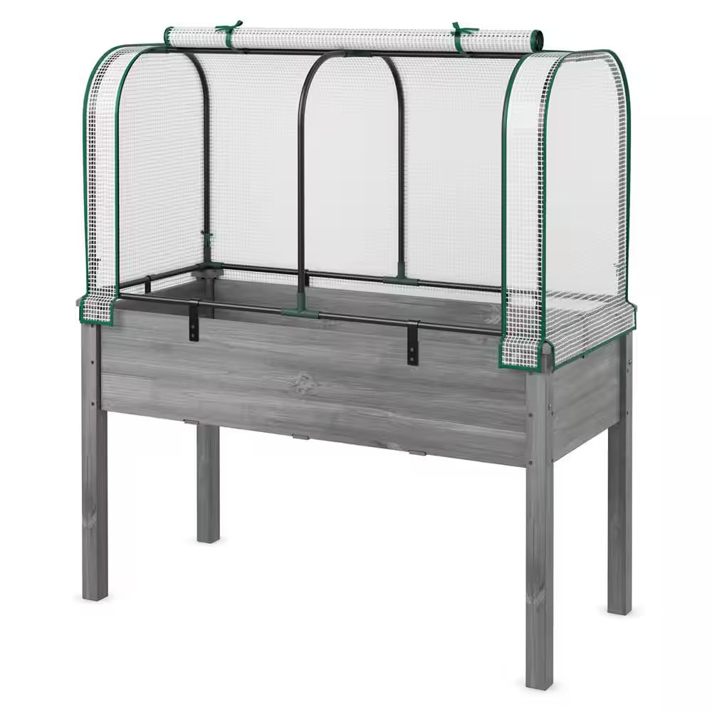 Fir Wood Raised Garden Bed with Greenhouse Waterproof Sun-Protective Green Hot House White+Grey