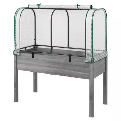Fir Wood Raised Garden Bed with Greenhouse Waterproof Sun-Protective Green Hot House White+Grey