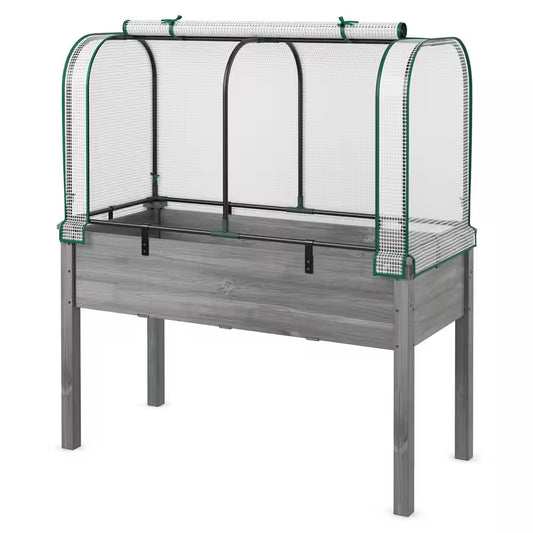 Fir Wood Raised Garden Bed with Greenhouse Waterproof Sun-Protective Green Hot House White+Grey