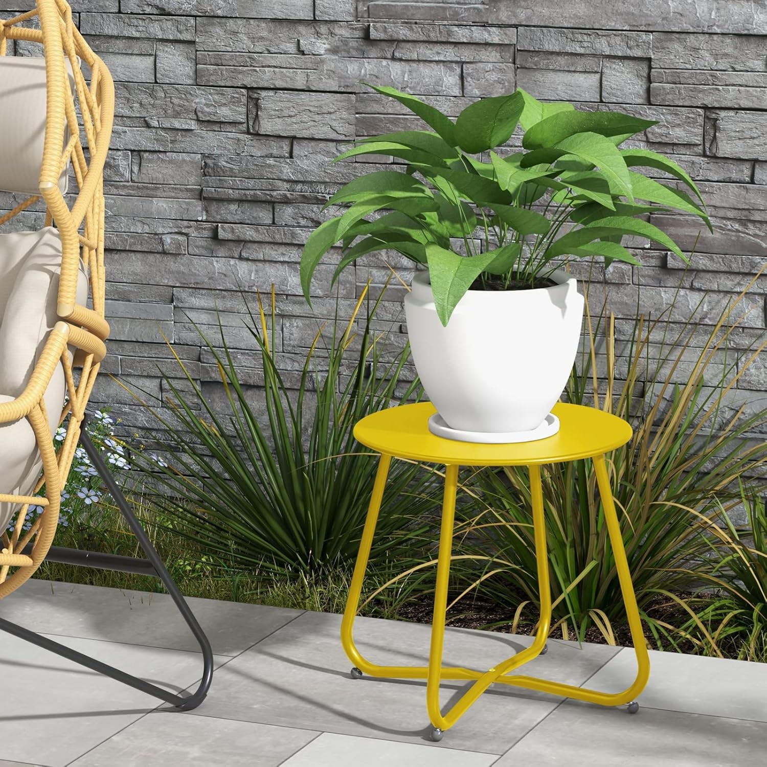 Small round Side Table, 18-Inch Outdoor Side Table with Adjustable Feet, Modern End Accent Table for Patio Porch, Yellow
