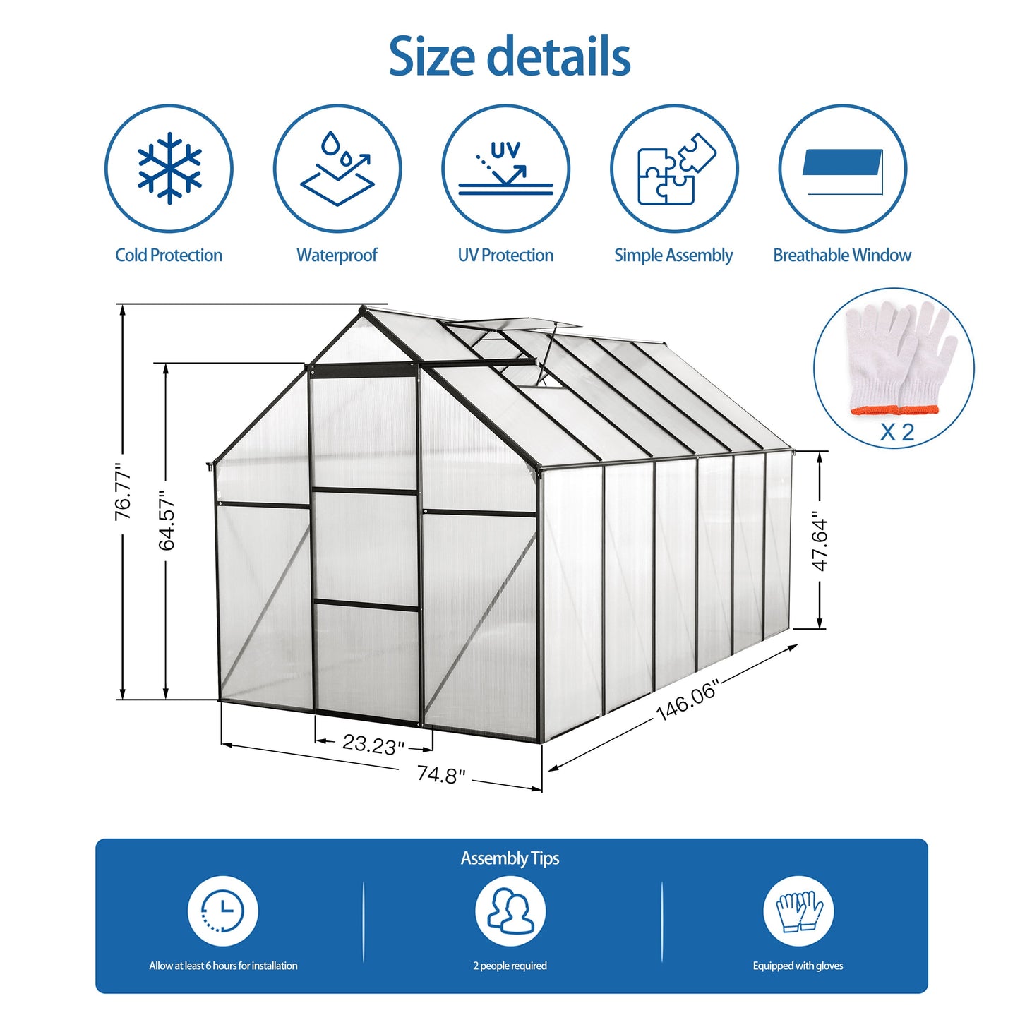 Walk in Greenhouse, Garden Greenhouse for Outdoors, Upgraded Polycarbonate Plant Greenhouse with Sliding Door, Adjustable Roof Vent, 6X12Ft, TE3067
