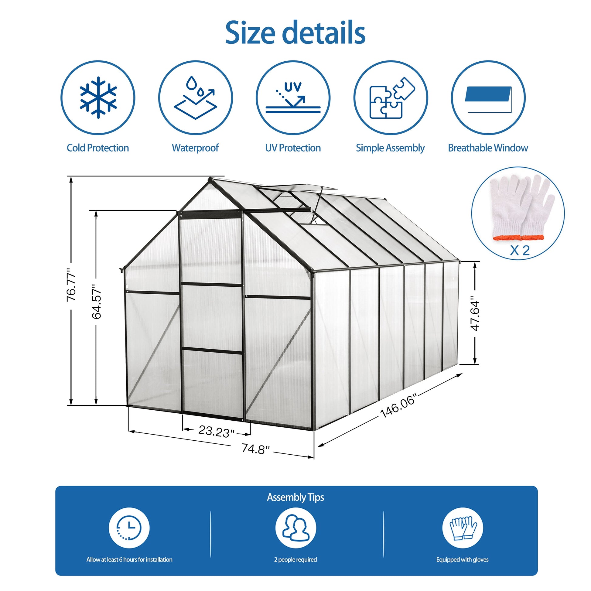 Walk in Greenhouse, Garden Greenhouse for Outdoors, Upgraded Polycarbonate Plant Greenhouse with Sliding Door, Adjustable Roof Vent, 6X12Ft, TE3067