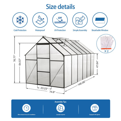Walk in Greenhouse, Garden Greenhouse for Outdoors, Upgraded Polycarbonate Plant Greenhouse with Sliding Door, Adjustable Roof Vent, 6X12Ft, TE3067