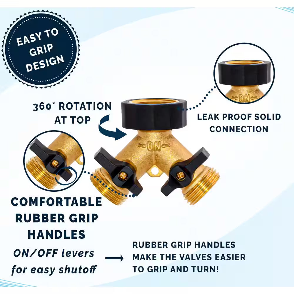 Heavy-Duty Brass and Rubber 2 Way Garden Hose Y Splitter