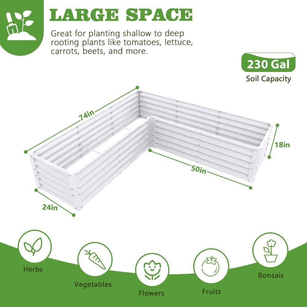 74 In. L-Shaped White Metal Planter Box Raised Garden Bed for Planting Vegetables Flowers