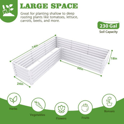74 In. L-Shaped White Metal Planter Box Raised Garden Bed for Planting Vegetables Flowers