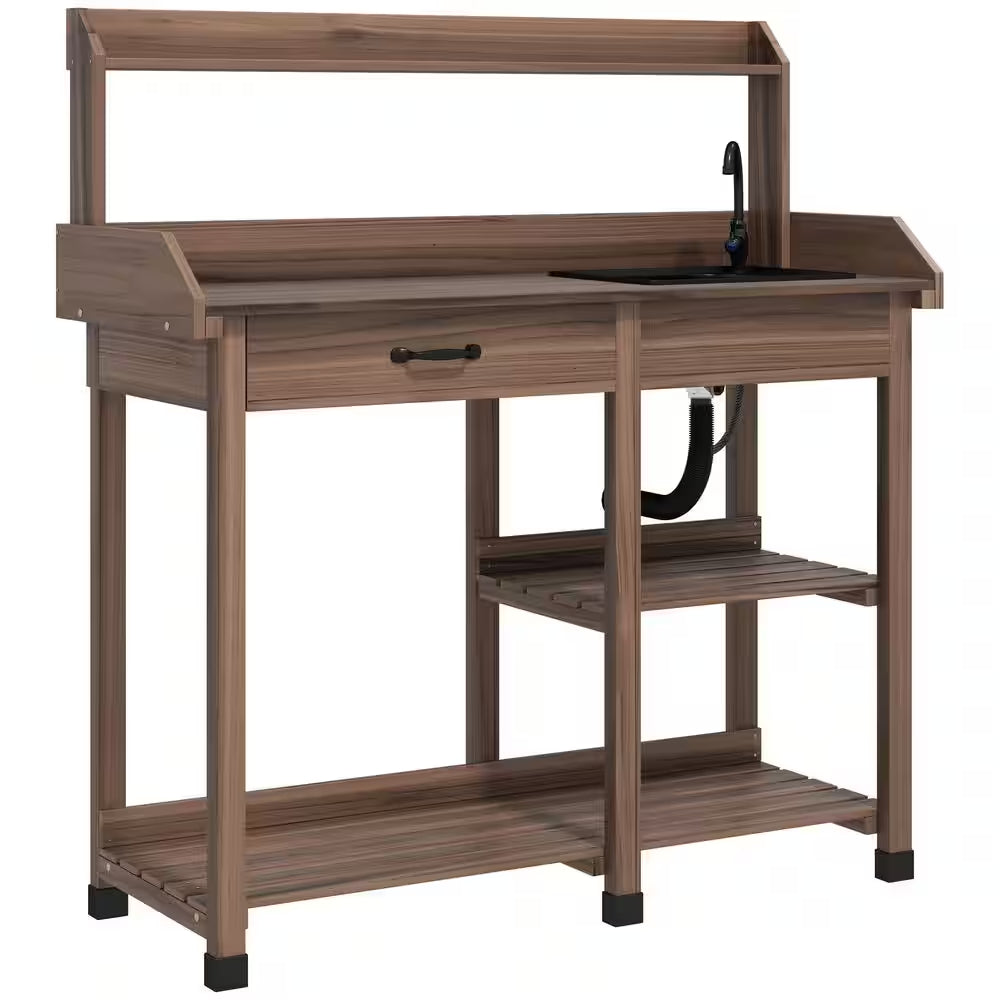 45.25 In. W X 48.5 In. H Dark Brown Potting Bench Table, Outdoor Garden Table Wooden Work Station with Removable Sink