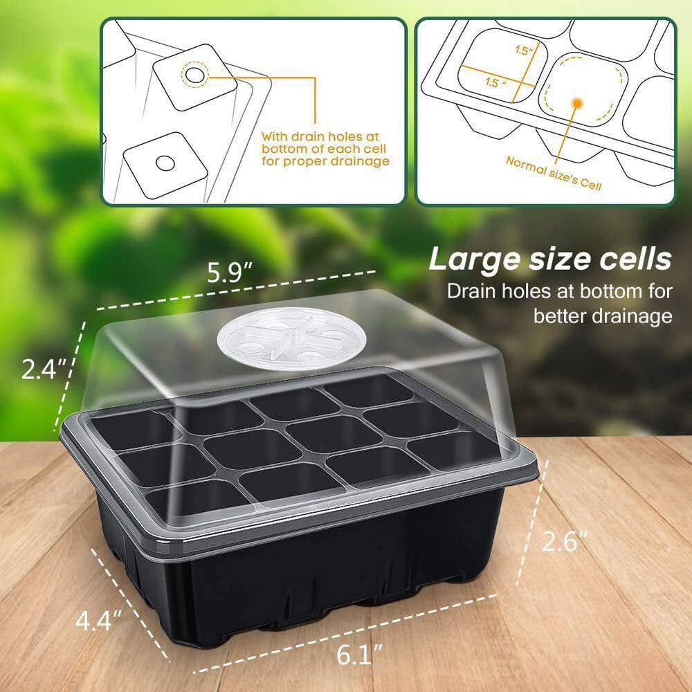 Seed Starter Tray Kit with Adjustable Humidity Dome Indoor Greenhouse for Large Seeds 5-Pack Black