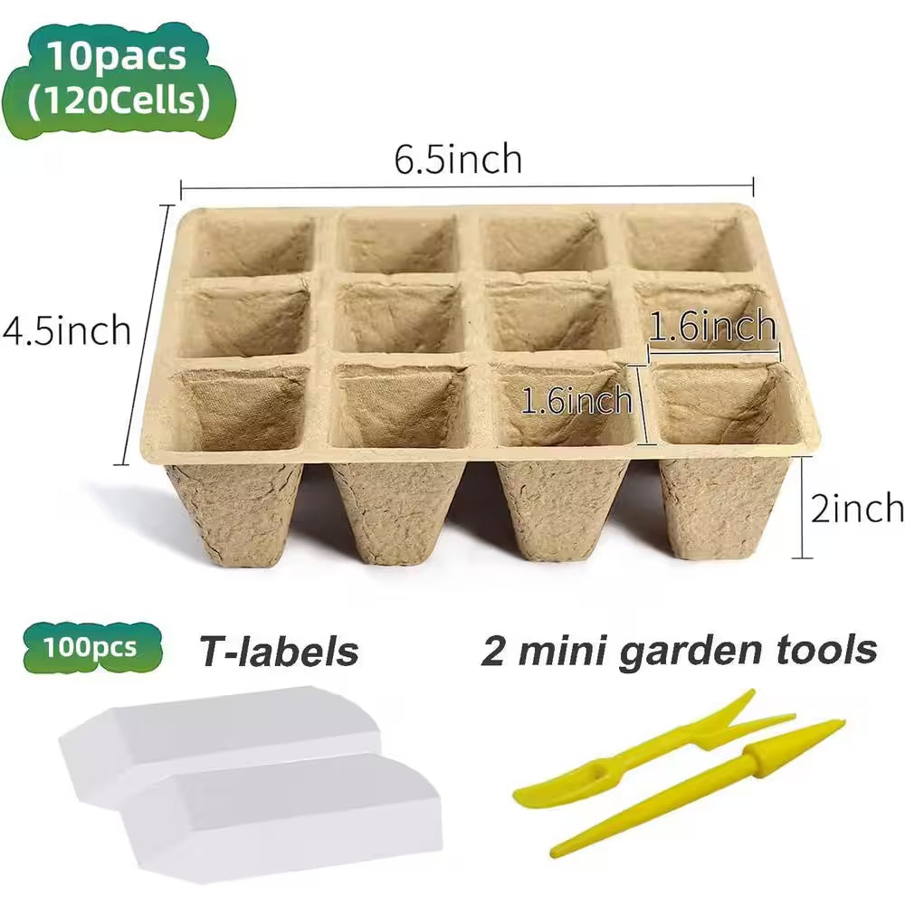 120 Cells Seed Starter Tray Biodegradable Peat Pots Organic Germination Kit Includes Labels Transplant Tools 10-Pack