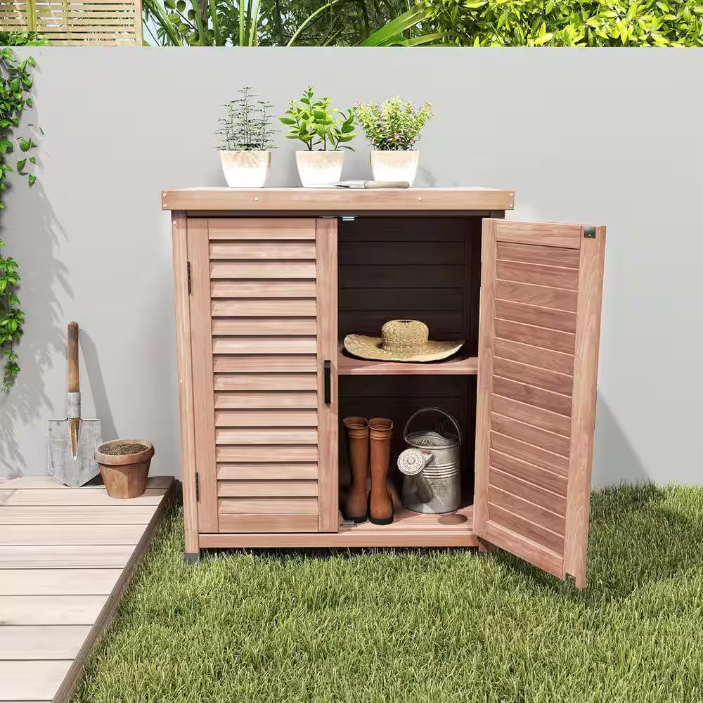 Outdoor Storage Cabinet, Potting Bench Table with Metal Top, Wooden Patio Furniture, Garden Workstation, Brown