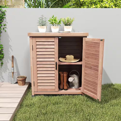 Outdoor Storage Cabinet, Potting Bench Table with Metal Top, Wooden Patio Furniture, Garden Workstation, Brown