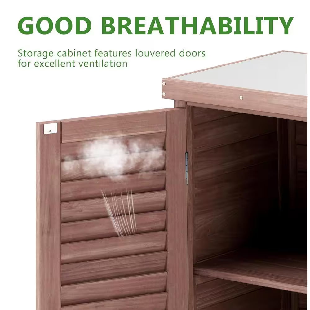 Outdoor Storage Cabinet, Potting Bench Table with Metal Top, Wooden Patio Furniture, Garden Workstation, Brown