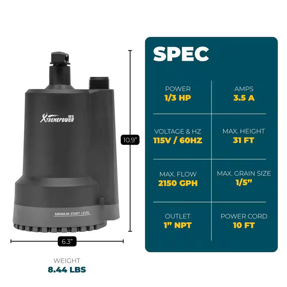 1/3 HP 2150 GPH Thermoplastic Submersible Utility Pump