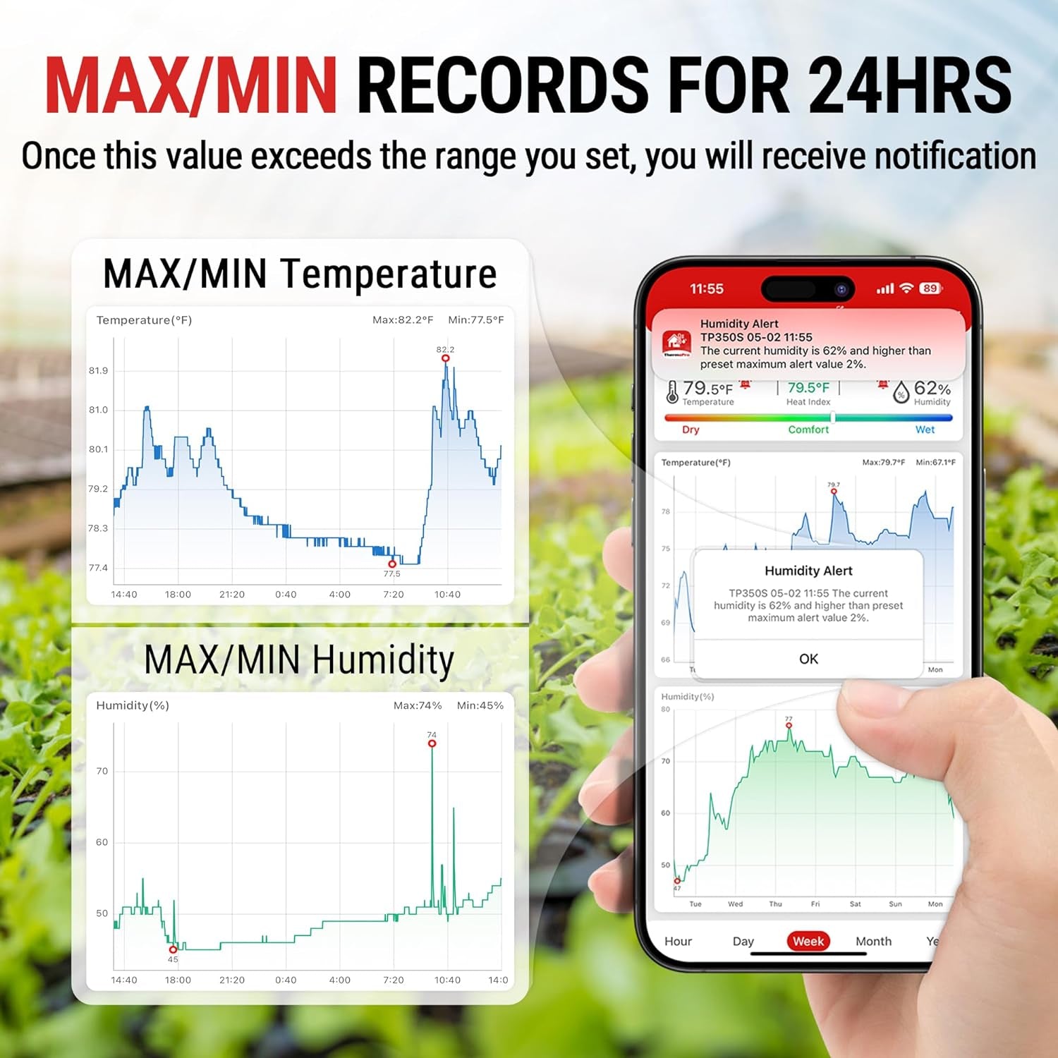 Hygrometer Thermometer for House TP350, Bluetooth Room Indoor Greenhouse Thermom