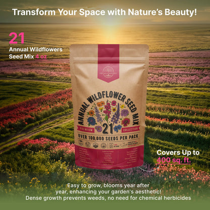 21 Annual Wildflower Seeds Mix, 100,000+ Non-Gmo Heirloom Wildflower Garden Seeds