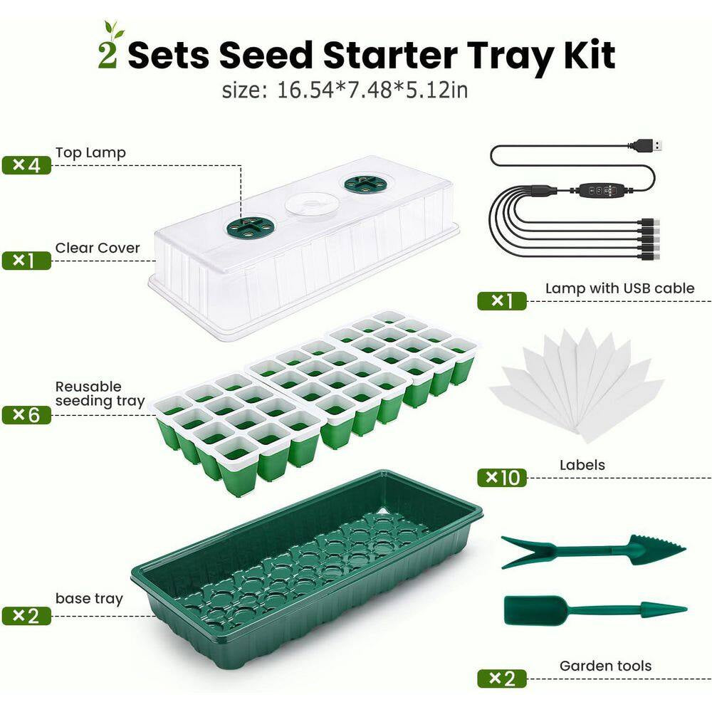 Seed Starter Tray with Grow Lights, 72 Cells Silicone Seed Starter Kit with Humidity Dome, 3 Lights, 2-Pack