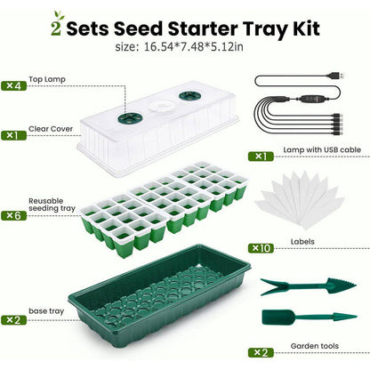 Seed Starter Tray with Grow Lights, 72 Cells Silicone Seed Starter Kit with Humidity Dome, 3 Lights, 2-Pack
