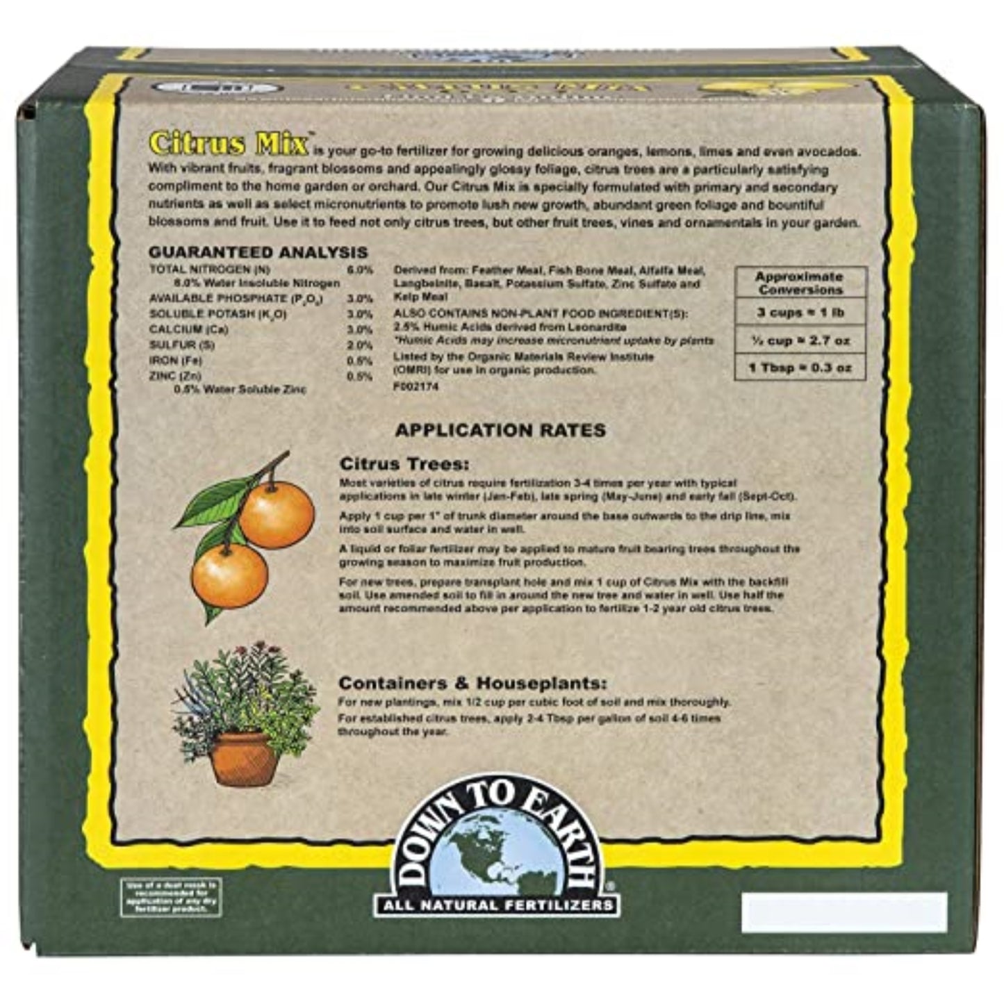 Down to Earth Organic Citrus Fertilizer Mix 6-3-3, 15 Lbs, Enhances Soil Health