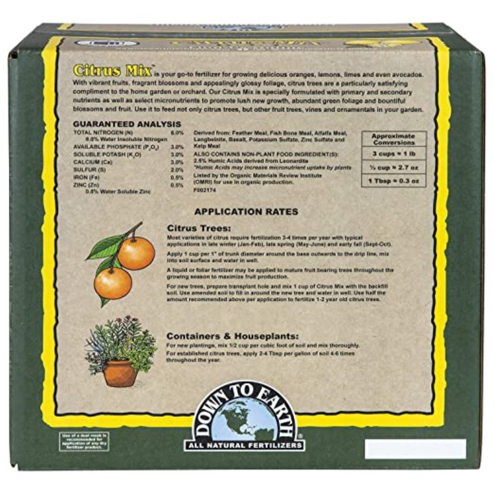 Down to Earth Organic Citrus Fertilizer Mix 6-3-3, 15 Lbs, Enhances Soil Health