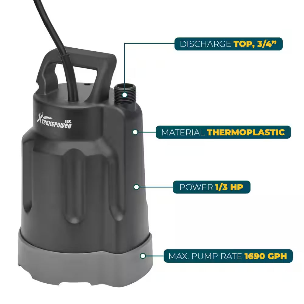 1/3 HP 1690 GPH Thermoplastic Submersible Utility Pump