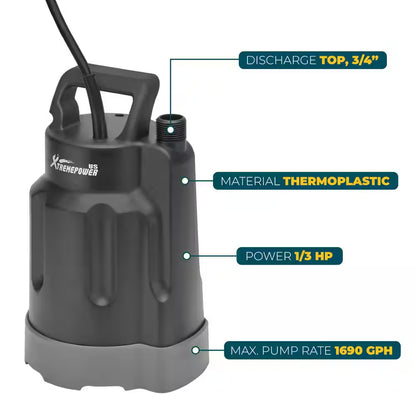 1/3 HP 1690 GPH Thermoplastic Submersible Utility Pump