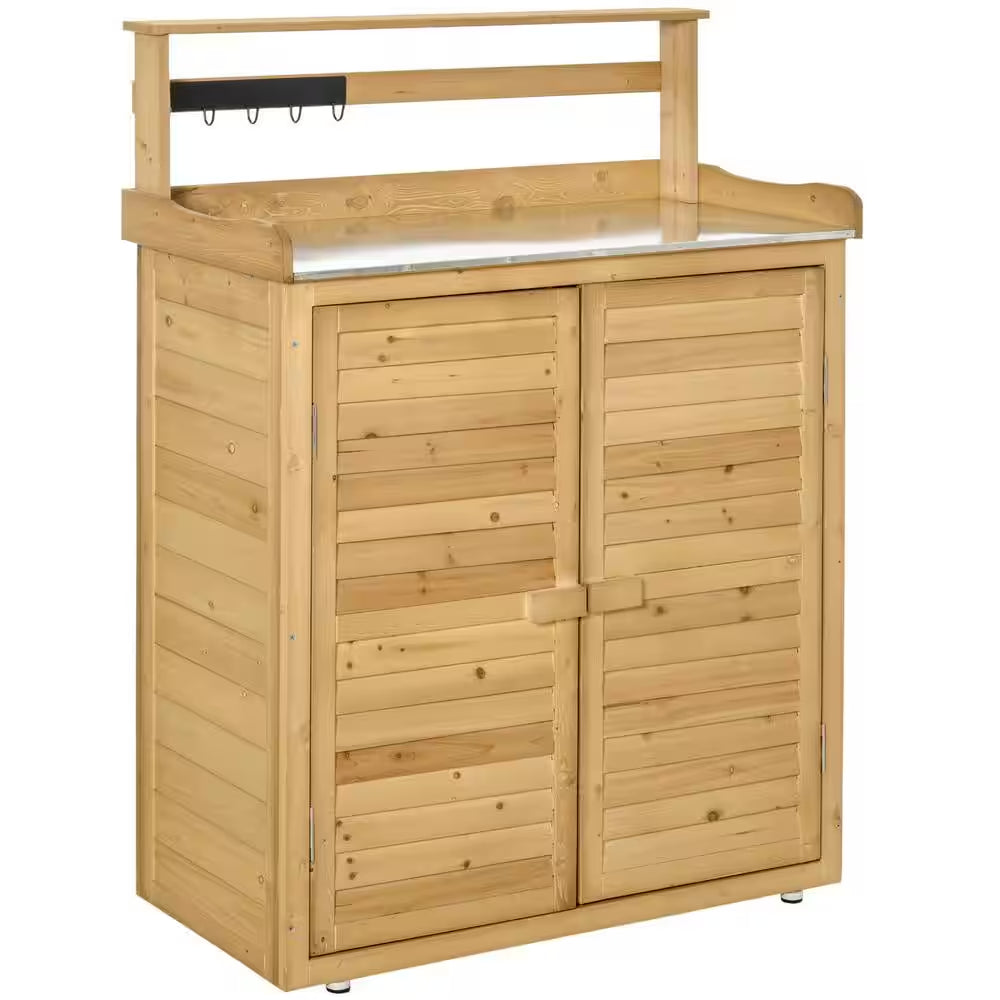 Garden Potting Bench Table Wooden Workstation Shed with Tabletop, Hooks, 3-Tier Shelves Cabinet