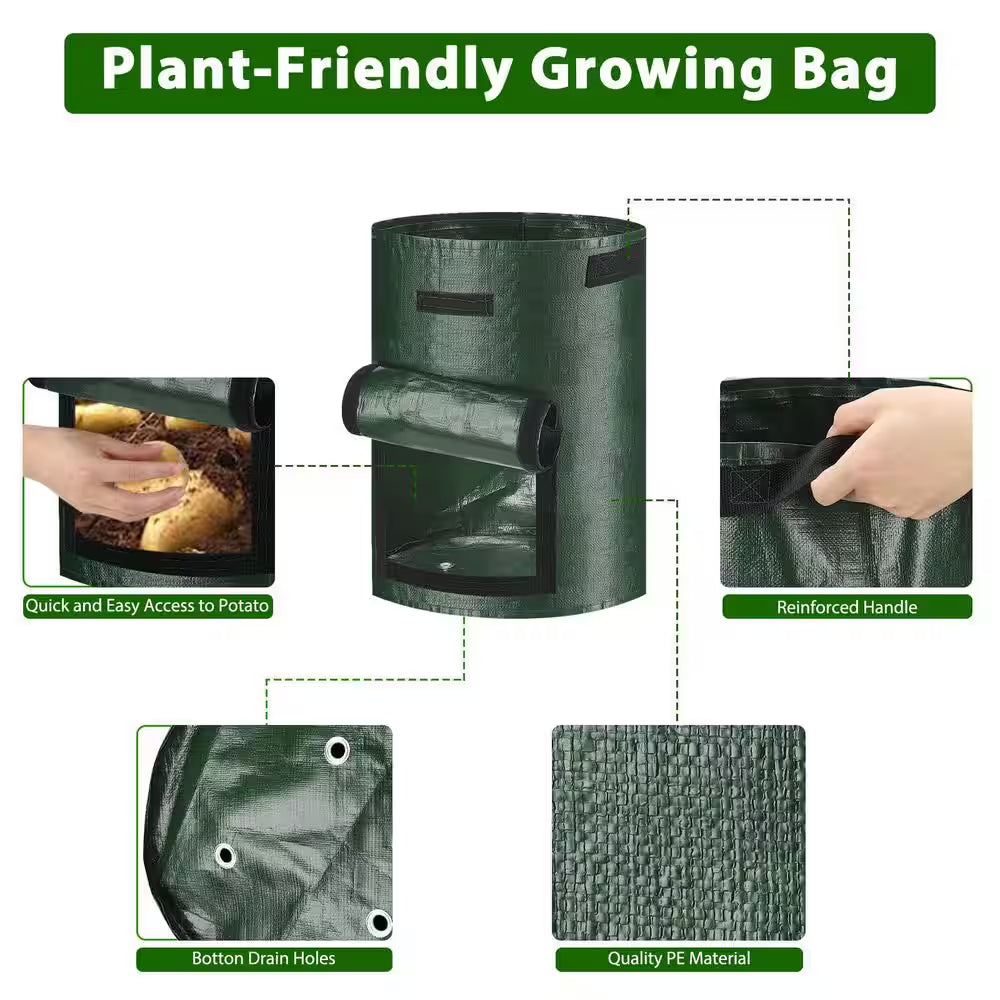 10 Gal. Polyethylene Potato Grow Bags, Handles Planter Pots with Flap for Tomato, Fruits and Carrot, Green (2-Pack)