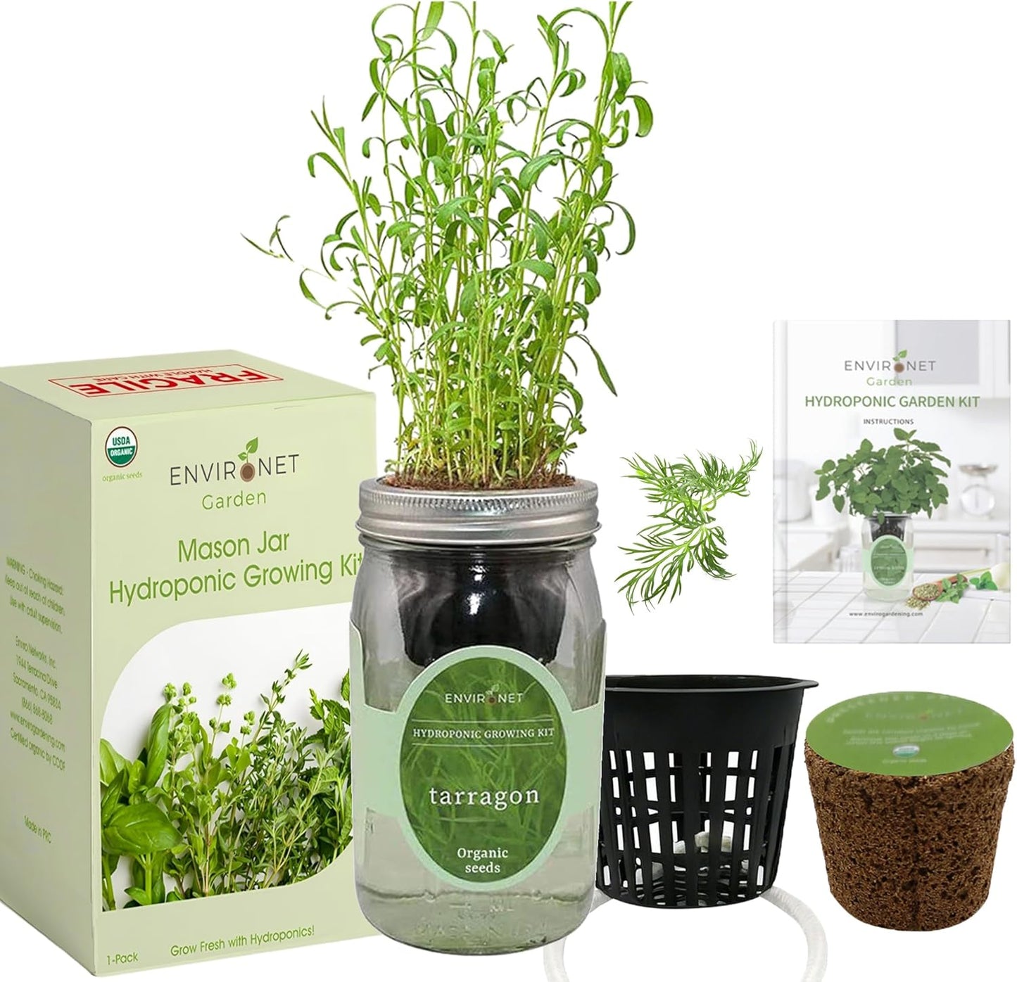 Hydroponic Herb Growing Kit, Self-Watering Mason Jar Herb Garden Starter Kit Indoor, Windowsill Herbs Garden, New Christmas Grden Gift for Mom (Tarragon)