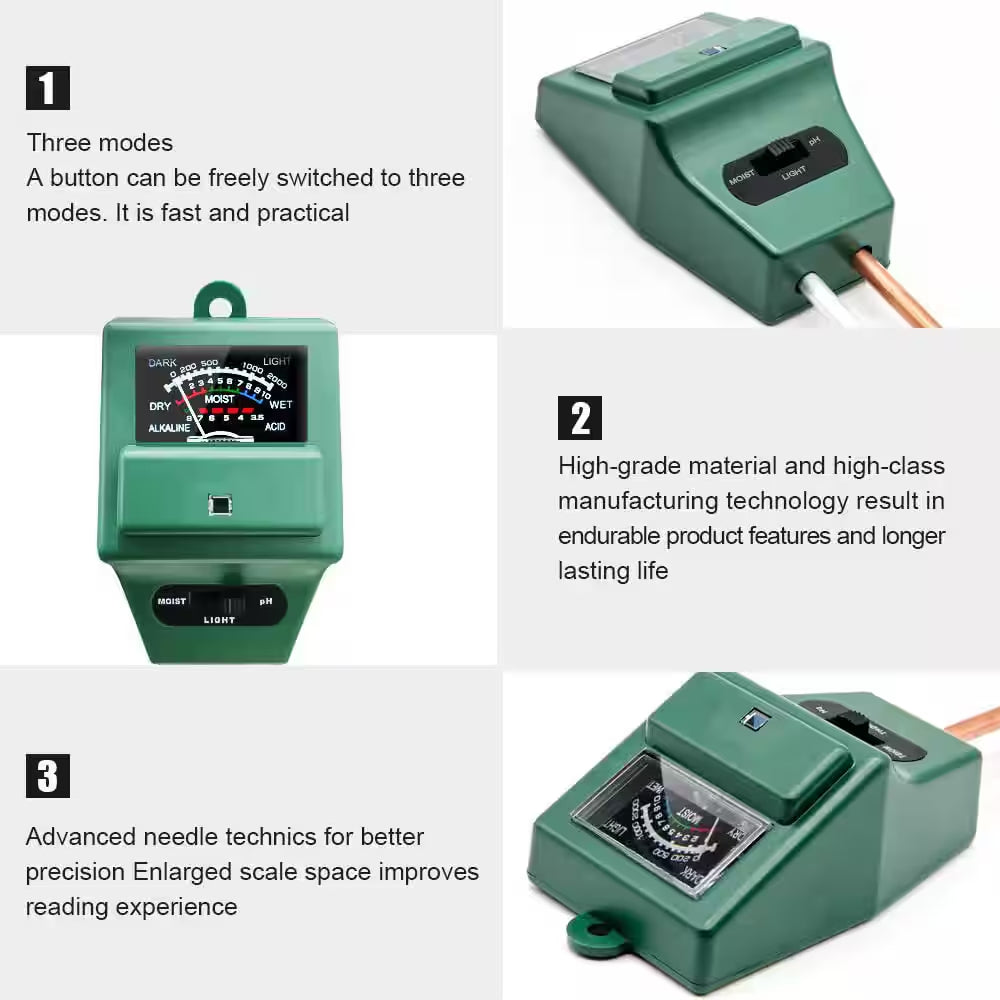 Green Soil Ph Tester with 3 in 1 Moisture Light Ph Test for Indoor and Outdoor Garden, Lawn, Farm, Use (1-Pack)