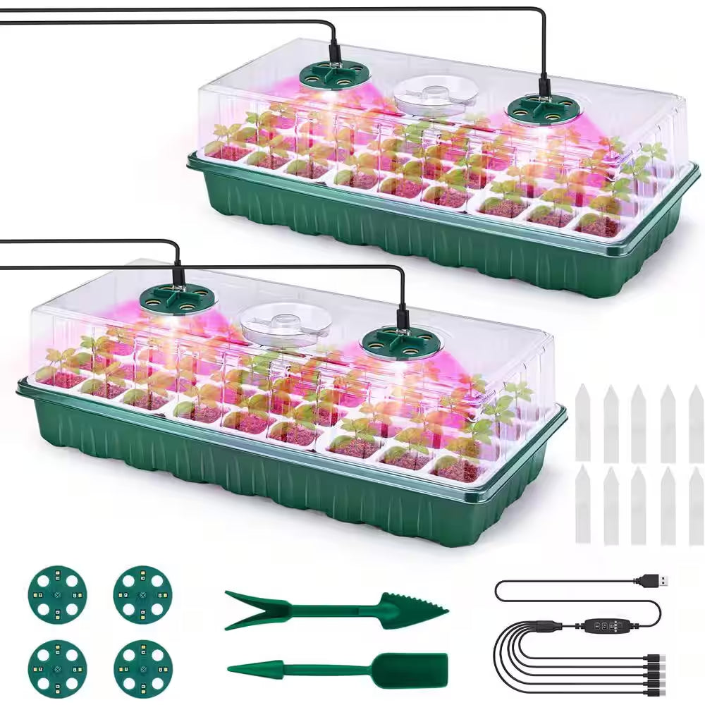 Seed Starter Tray with Grow Lights, 72 Cells Silicone Seed Starter Kit with Humidity Dome, 3 Lights, 2-Pack