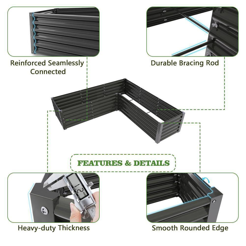74 In. L-Shaped Gray Metal Planter Box Raised Garden Bed for Planting Vegetables Flowers