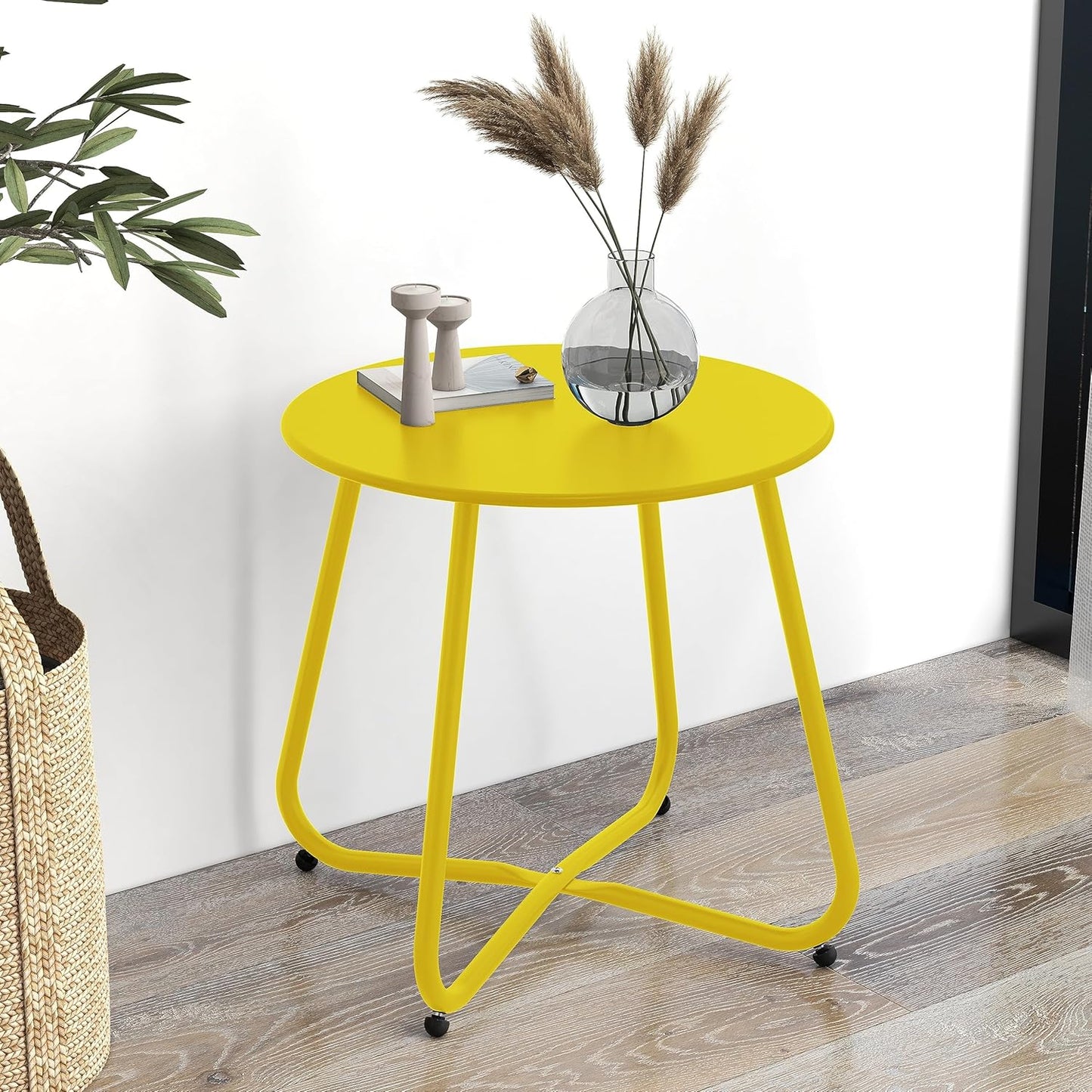 Small round Side Table, 18-Inch Outdoor Side Table with Adjustable Feet, Modern End Accent Table for Patio Porch, Yellow