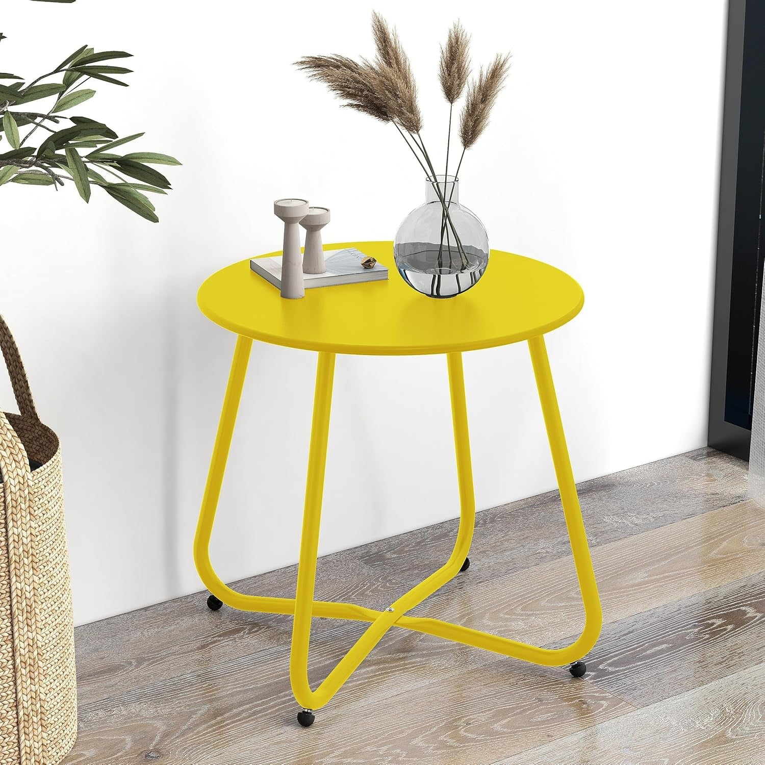 Small round Side Table, 18-Inch Outdoor Side Table with Adjustable Feet, Modern End Accent Table for Patio Porch, Yellow