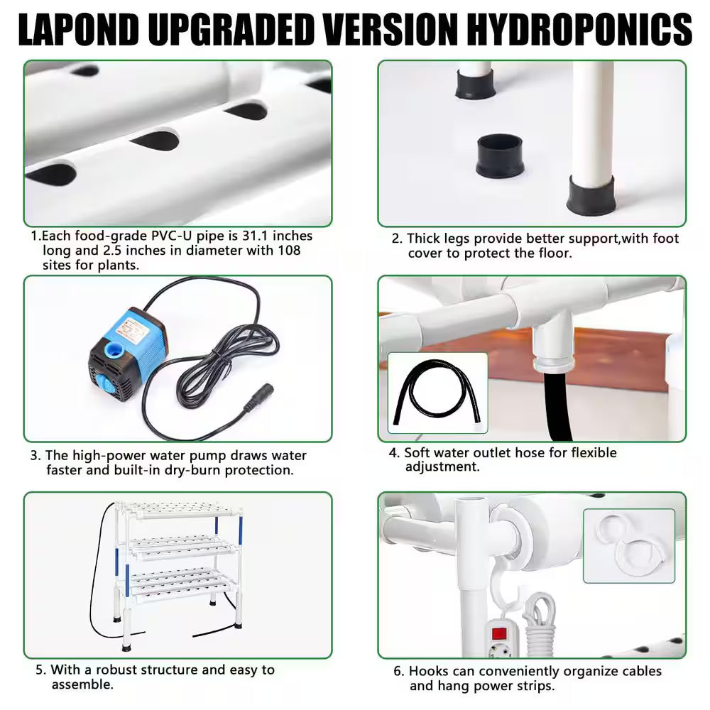 3-Layer Hydroponic Growing System Kit W/ 108 Plant Sites, Food-Grade PVC-U Pipes for Vegetables, Flowers, Fruits, Herbs
