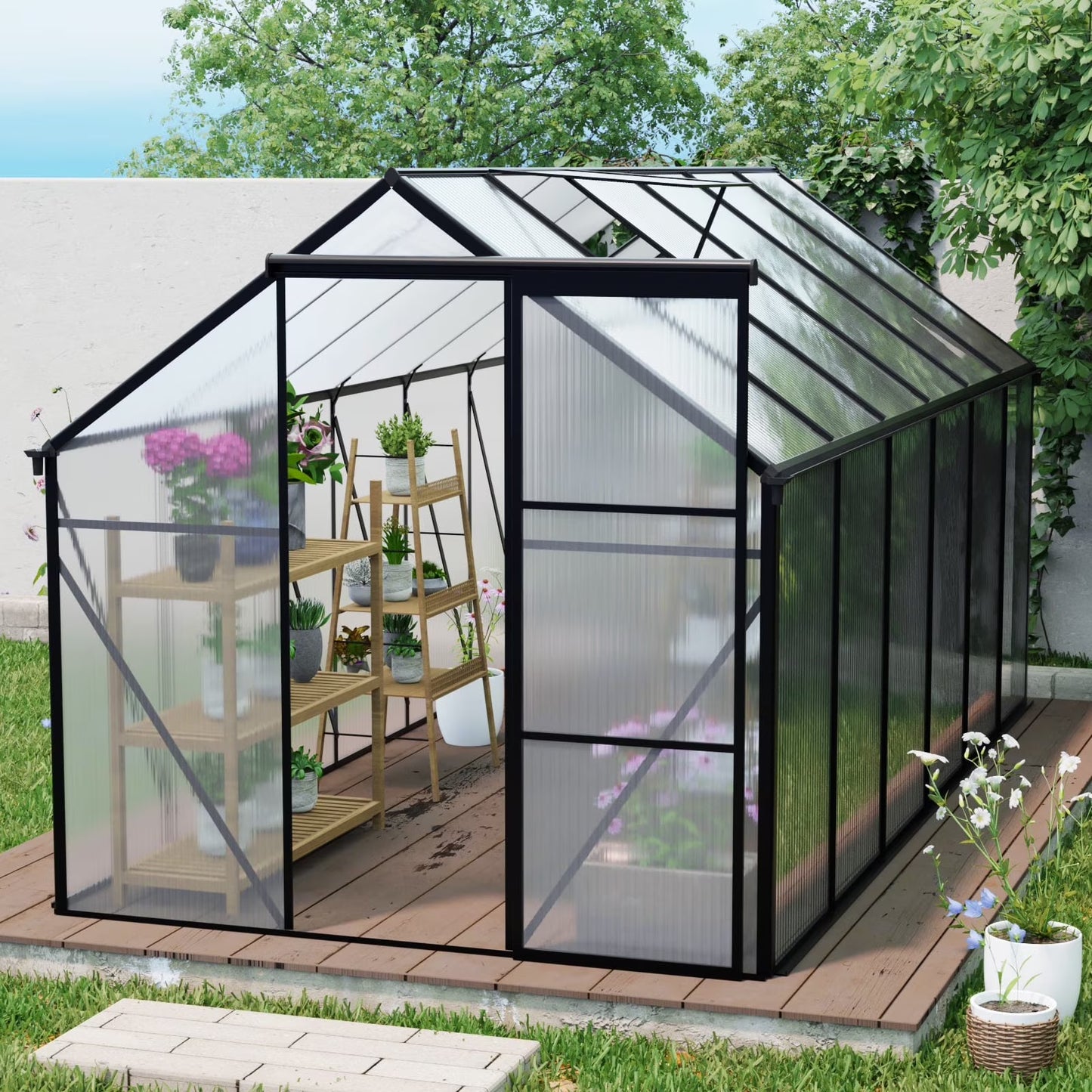 Walk in Greenhouse, Garden Greenhouse for Outdoors, Upgraded Polycarbonate Plant Greenhouse with Sliding Door, Adjustable Roof Vent, 6X12Ft, TE3067