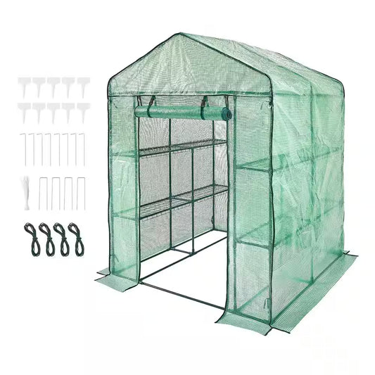 4.6 X 4.6 X 6.6 Ft. Walk-In Greenhouse with Shelves, PE Cover, Zipper Door, Steel Frame, for Planting and Storage