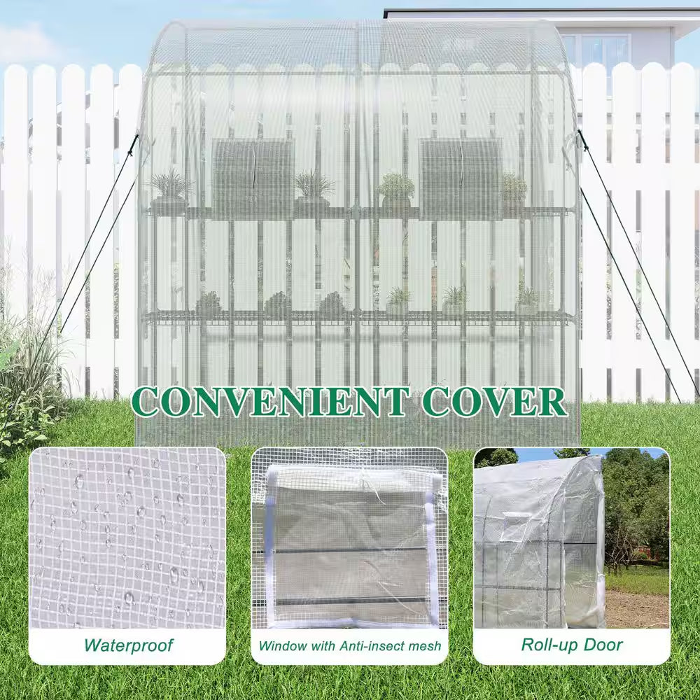 40 In. W X 79 In. D X 85 In. H Outdoor Lean to Walk-In Tunnel Portable Greenhouse with Shelf, White