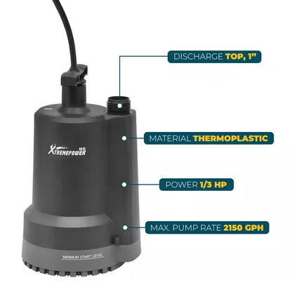 1/3 HP 2150 GPH Thermoplastic Submersible Utility Pump
