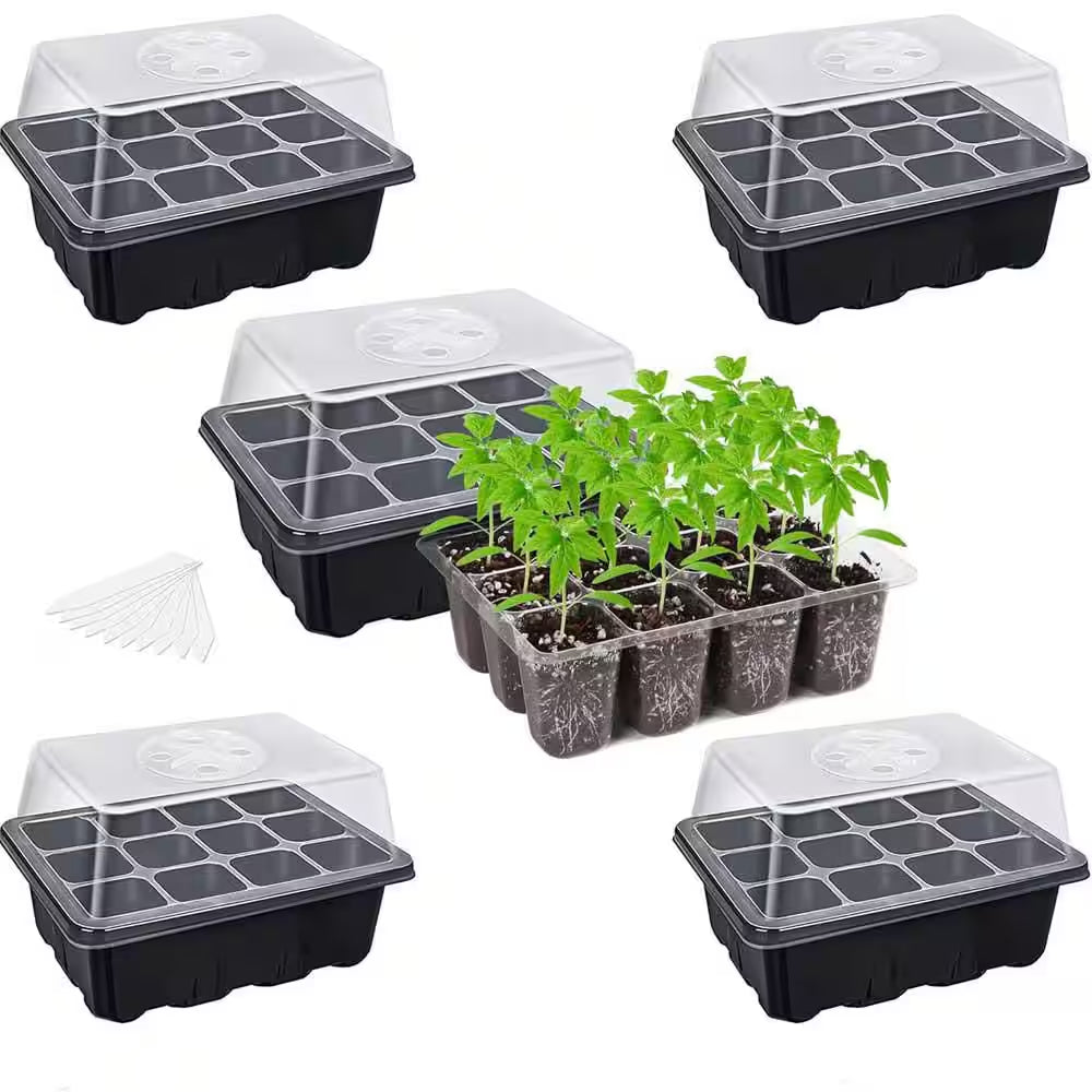 Seed Starter Tray Kit with Adjustable Humidity Dome Indoor Greenhouse for Large Seeds 5-Pack Black