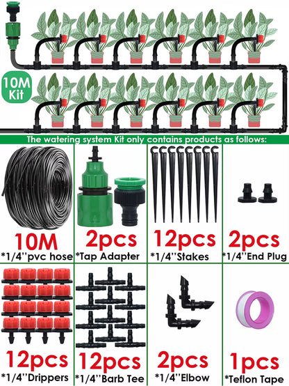 Garden Drip Irrigation Automatic Watering System Kit 1/4'' Nozzles for Bonsai Pot Plant Lawn Flower Vegetable Greenhouse