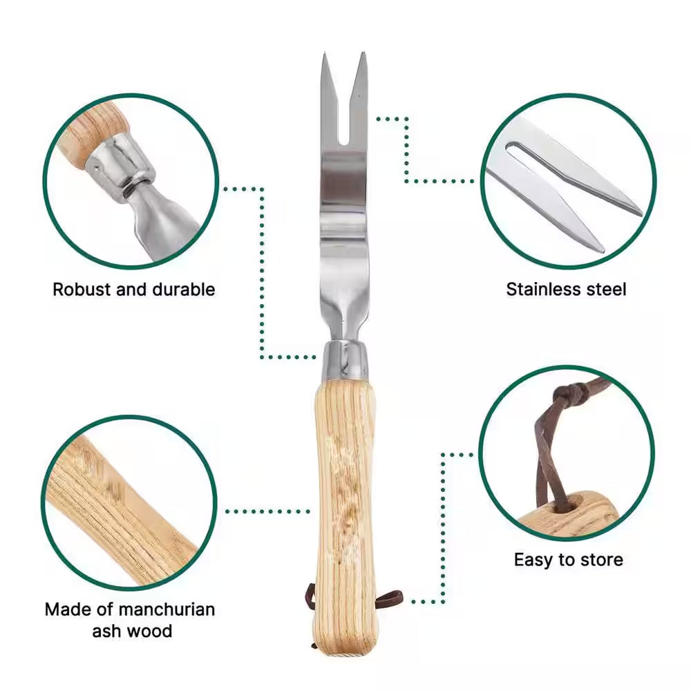 12.1 In. Stainless Steel Hand Weeder with Ash Wood Handle for Planting