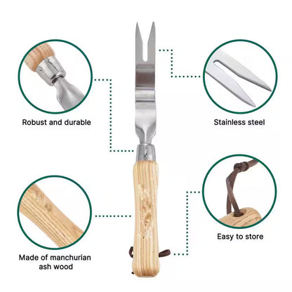 12.1 In. Stainless Steel Hand Weeder with Ash Wood Handle for Planting
