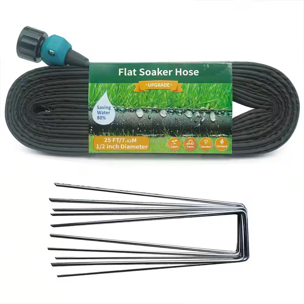 25 Ft Flat Soaker Hose with Stake, Linkable Drip Irrigation System for Garden, Saves 82% Water, Leak-Free Design
