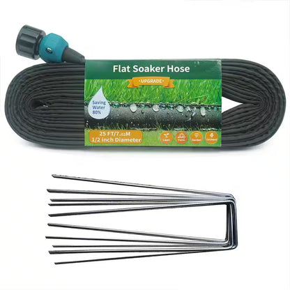 25 Ft Flat Soaker Hose with Stake, Linkable Drip Irrigation System for Garden, Saves 82% Water, Leak-Free Design